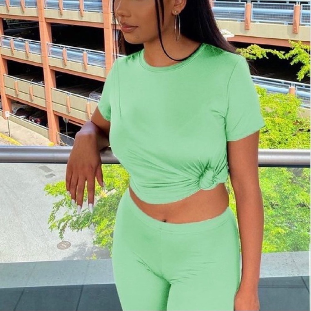 Seafoam 2-Piece Short Sleeve High Waisted Biker Shorts Set